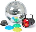 Diskokuglesæt 30cm med pinspot lampe og 4 farveskåle Diskokuglesæt 30cm med pinspot lampe og 4 farveskåle