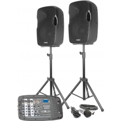 Komplet Lydsystem PSS302, 2 Højttalere + Mixer – Perfekt transportabel stativer