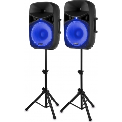 Højttalersæt Plug'n'Play / 2 stk. 15" bas / 1000 Watt / Mikrofon, Stativer og Ka