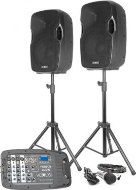 Komplet Lydsystem PSS302, 2 Højttalere + Mixer - Perfekt til sang og tale / gymnastikopvisninger mm