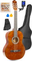 Spansk Guitar Pakke med taske, digital-tuner, plektre, rem og ekstra strengesæt, Mørk træ