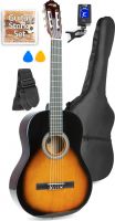 Guitar, Spansk Guitar Pakke med taske, digital-tuner, plektre, rem og ekstra strengesæt, Sunburst