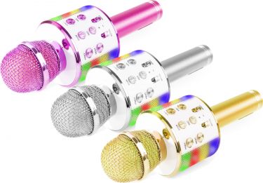 Karaoke Mikrofon til børn med indbygget lysshow, højttaler, MP3 og Bluetooth, 3 stk. Pink+Guld+Sølv