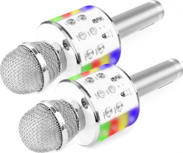 Karaoke Mikrofon til børn med indbygget lysshow, højttaler, MP3 og Bluetooth, 2 stk. Sølv