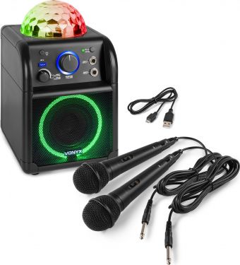 Karaoke Højttaler til børn "Ekstra farverigt diskolys + LED-lys-ring" 2 mikrofoner / Bluetooth, Sort