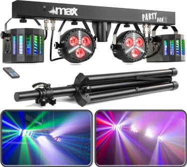10A85F21 |Partybar, 2x Party LED i alle farver + Strobelys + 2x / alt er musikstyret / inkl. stativ! Diskolys & Lyseffekter » Komplette Lys systemer
