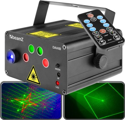 Laser Lyseffekt 'Dahib' med Dobbelt GOBO Laser system Rød+Grøn 150mW + blå LED / Musikstyring!