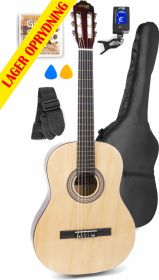 Spansk Guitar Pakke med taske, digital-tuner, plektre, rem og ekstra strengesæt, Lys træ
