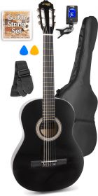 Spansk Guitar Pakke med taske, digital-tuner, plektre, rem og ekstra strengesæt, Sort