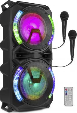 Karaoke højttaler 2x8" bas / LED Lysshow / USB / Bluetooth / Transportabel med indbygget batteri!