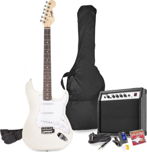 El-Guitar pakke med 40W guitar-forstærker, taske, digital-tuner, rem og kabler, Hvid