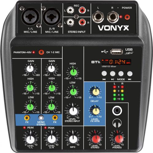 Lyd og Mikrofon Mixer VMM100 / 3 kanals / Bluetooth / USB / EQ / Phantom 48V / Kompakt design!