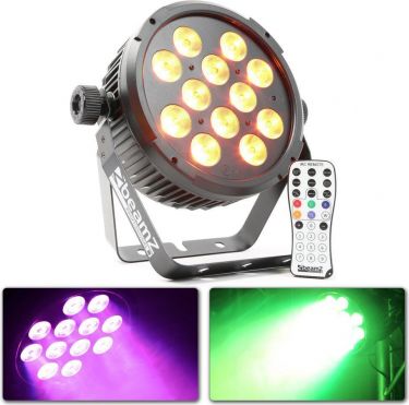 BeamZ BT300 Flat PAR 12x 12W 6-i-1 LED'er med RGBAW-UV farvemix, DMX, Musikstyring og Fjernbetjening