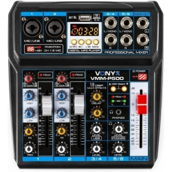 Musik mixer VMM-P500, 4 kanaler, USB, MP3, DSP / Strømforsynes via USB, fx en ba