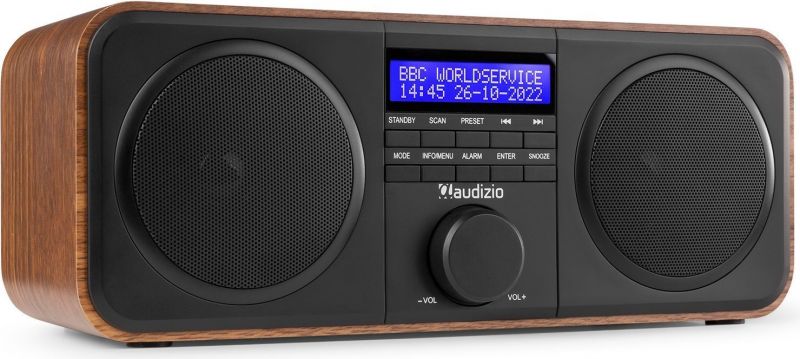 DAB Radio 'God lyd i kompakt design' DAB/DAB+/FM/Vækkeur, Nydelig Træ med sort front