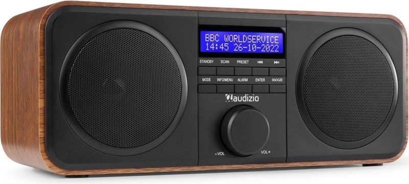DAB Radio 'God lyd i kompakt design' DAB/DAB+/FM/Vækkeur, Nydelig Træ med sort front