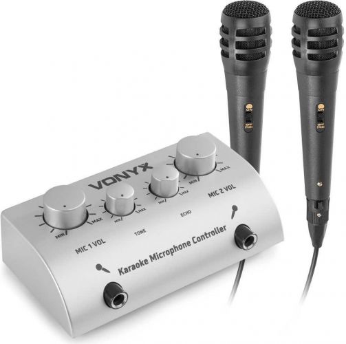 Karaoke Mikrofon Mixer / 2-kanals med tone og rumklangsregulering - inkl. 2 mikrofoner