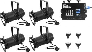 Eurolite Set 4x PAR-30 Spot bk dim2warm + EDX-4 DMX RDM LED Dimmer Pack