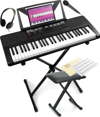 Børne Keyboard Mega Sæt, Pakketilbud: 54 Tang., Hovedtelefon, Mikrofon, Stativ, Bænk, mm (6-8 år)