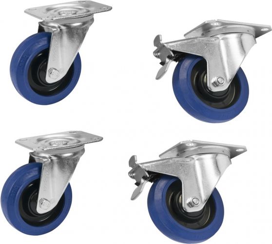 Roadinger Set Swivel castors 100mm blue 2x RD-100 + 2x RD-100B with Brake