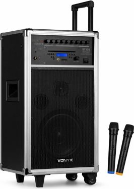 Mobilt lydanlæg ST-100 / 250W Bluetooth/CD/USB/SD-input, 2 trådløse mikrofoner og optagefunktion