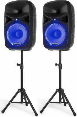 Højttalersæt Plug'n'Play / 2 stk. 10" bas / 600 Watt / Mikrofon, Stativer og Kabler, Klar til brug!