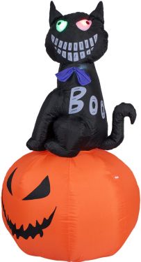 Halloween Dekoration, oppustelig, Figur med Lyseffekter, Kat på Græskar, 183cm