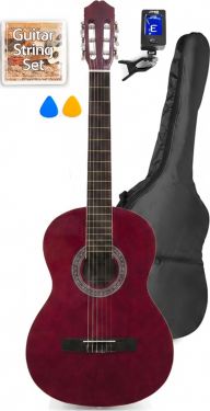 Spansk Guitar Pakke 39" - Voksen-fullsize, Akustisk (fra 12 år) Mørkerød / Alt du skal bruge!