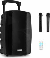 Transportabel lydanlæg / Karaoke System med 10" bas / 2 trådløse sang mikrfoner / BT / 200W
