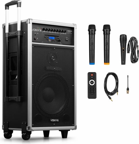 Mobilt lydanlæg ST-180 / Kraftig og god lyd, 12" bas 450W Bluetooth/CD/USB/SD, 2 trådløse mikrofoner