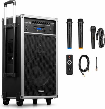 Mobilt lydanlæg ST-180 / Kraftig og god lyd, 12" bas 450W Bluetooth/CD/USB/SD, 2 trådløse mikrofoner