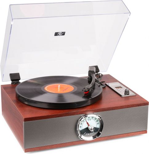 Pladespiller med FM Radio, CD-afspiller, Bluetooth og 2 indbygget højttalere / Flot Vintage design!
