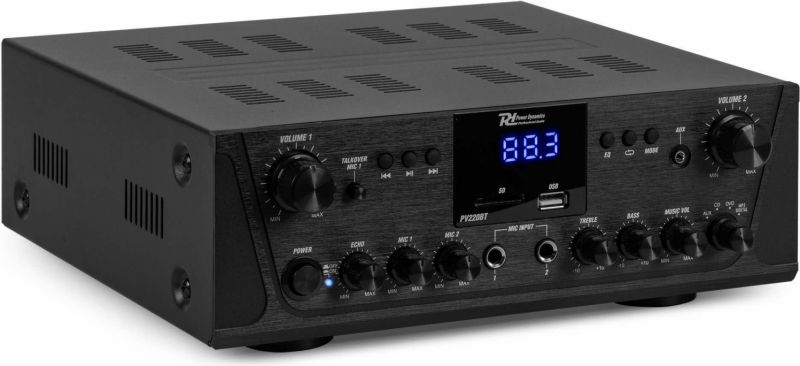 Forstærker PV220BT 2-Zone / 2 højttaler-udgange med individuel volume fx rum 1 og 2 / Karaoke / 200W
