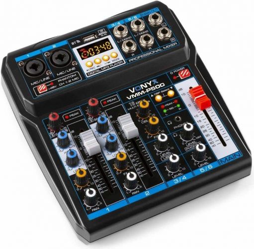 Musik mixer VMM-P500, 4 kanaler, USB, MP3, DSP / Strømforsynes via USB, fx en batteri Powerbank!