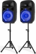 Højttalersæt Plug'n'Play / 2 stk. 10" bas / 600 Watt / Mikrofon, Stativer og Kabler, Klar til brug!