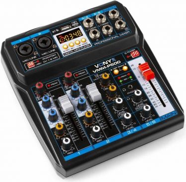 Musik mixer VMM-P500, 4 kanaler, USB, MP3, DSP / Strømforsynes via USB, fx en batteri Powerbank!