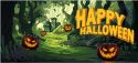 UV Lys, Halloween Dekoration Banner med Uhyggelig Spøgelsesskov, 400x180cm, kæmpe stor, god til hegn, mur mm