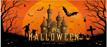 Halloween Dekoration, Banner med Uhyggelig Spøgelseshus 400x180cm, kæmpe stor, god til hegn, mur mm