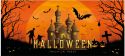 Halloween Dekoration, Banner med Uhyggelig Spøgelseshus 400x180cm, kæmpe stor, god til hegn, mur mm