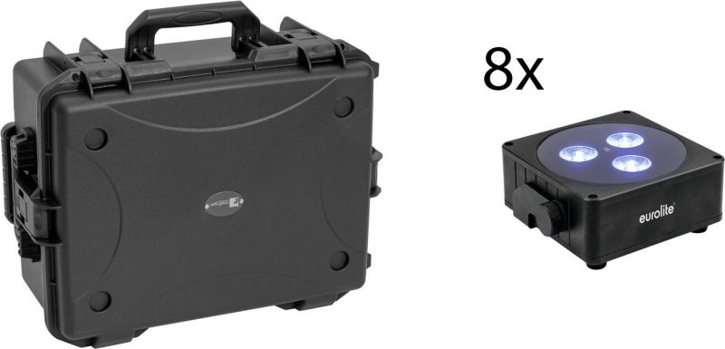 Eurolite Set 8x AKKU Flat Light 3 bk + Plastic case with trolley