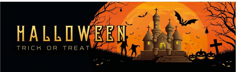 Halloween Dekoration, Banner med Spøgelseshus, 300x90cm, kæmpe stor, god til hegn, mur mm