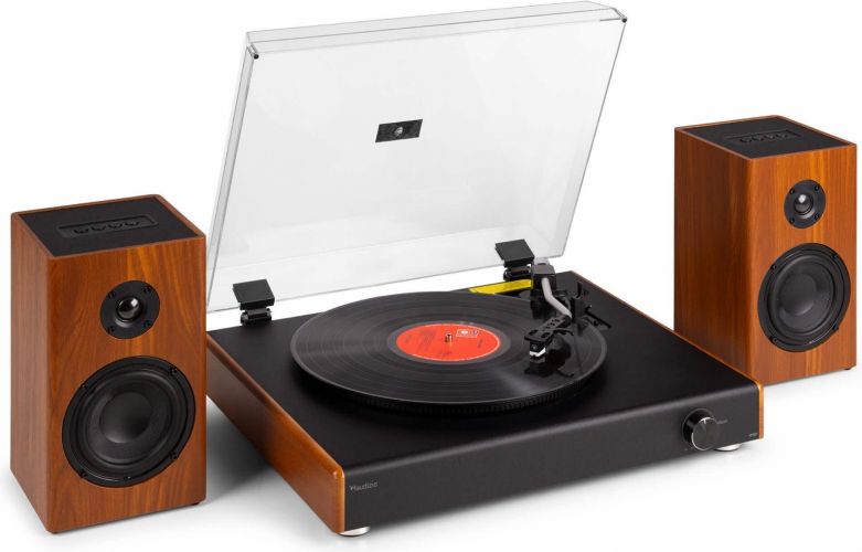 RP337W Vintage Record Player with wireless BT speakers Wood
