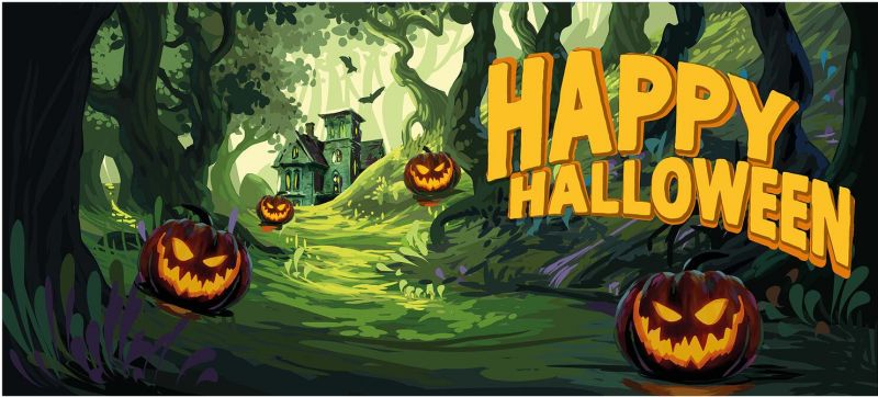 Halloween Dekoration Banner med Uhyggelig Spøgelsesskov, 400x180cm, kæmpe stor, god til hegn, mur mm