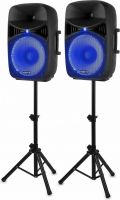Højttalere, Højttalersæt Plug'n'Play / 2 stk. 15" bas / 1000 Watt / Mikrofon, Stativer og Kabler, Klar til brug!
