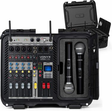 VMA106 6Ch Power mixer in ABS case with 2 UHF wireless Microphones