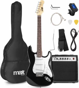 El-Guitar pakke med 40W guitar-forstærker, taske, digital-tuner, rem og kabler, Sort